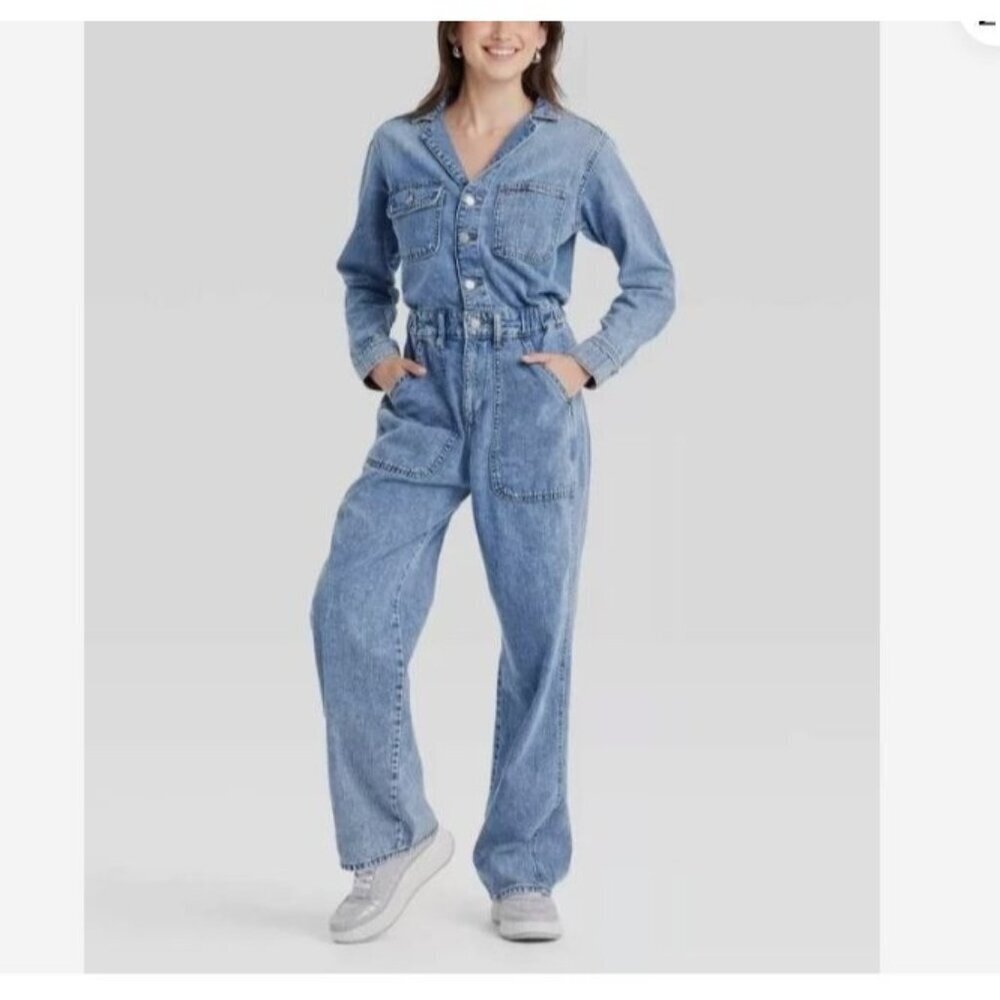 NEW Women's 8 Long Sleeve Utility Baggy Denim Jumpsuit - Universal Thread M0035